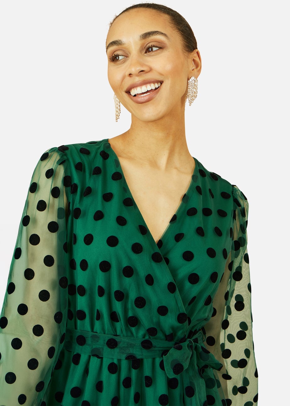 Yumi Green Spot Mesh Wrap Midi Skater Dress
