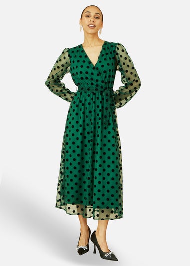 Yumi Green Spot Mesh Wrap Midi Skater Dress