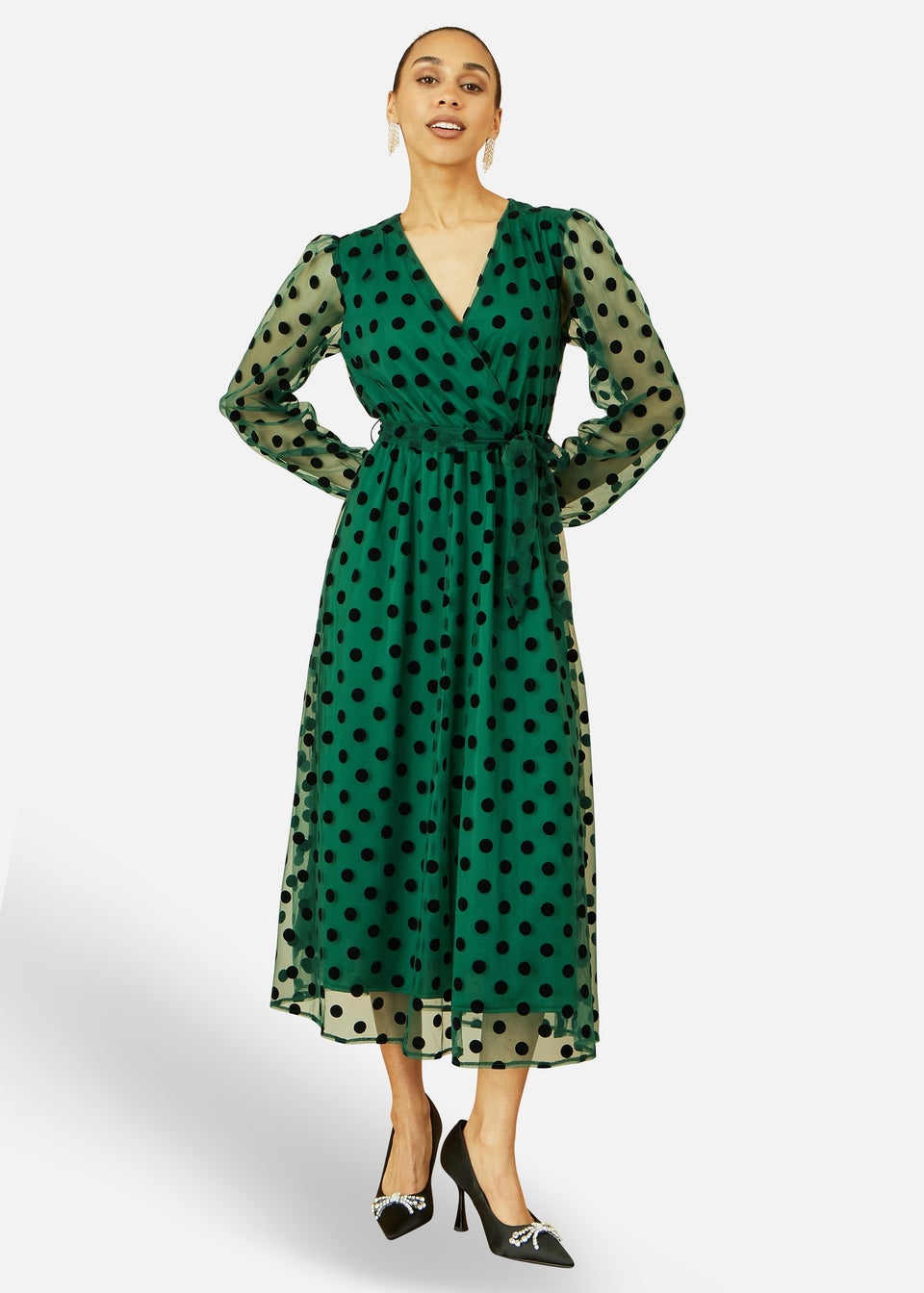 Yumi Green Spot Mesh Wrap Midi Skater Dress