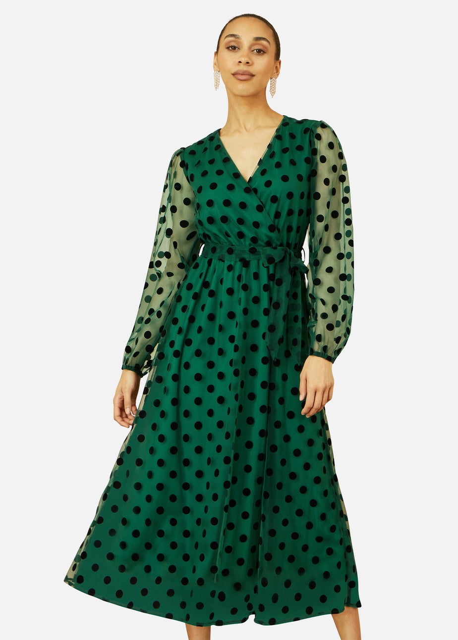 Yumi Green Spot Mesh Wrap Midi Skater Dress