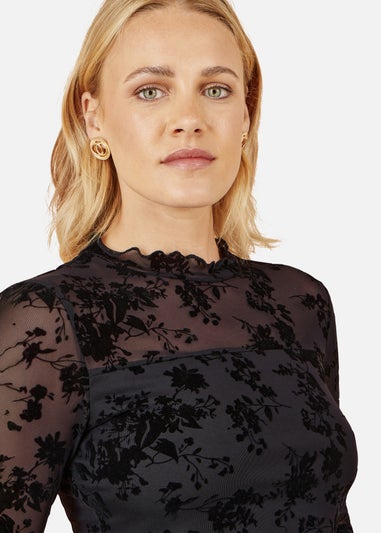 Yumi Black Flocked Floral Stretch Mesh Top With Long Sleeves