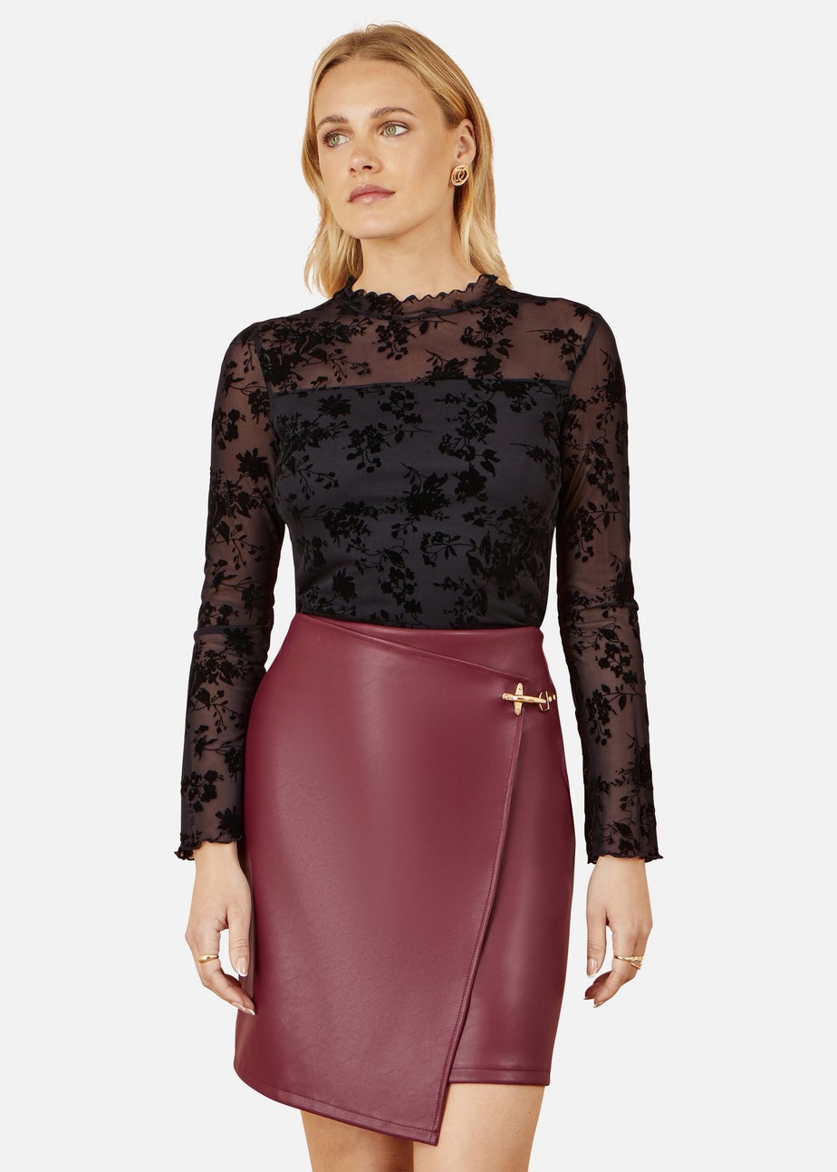 Yumi Black Flocked Floral Stretch Mesh Top With Long Sleeves