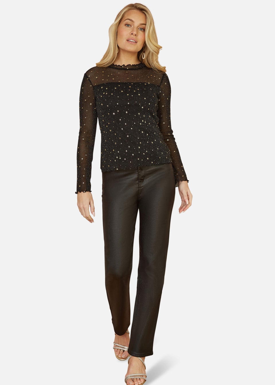 Yumi Black Mesh Star Print Long Sleeve Top