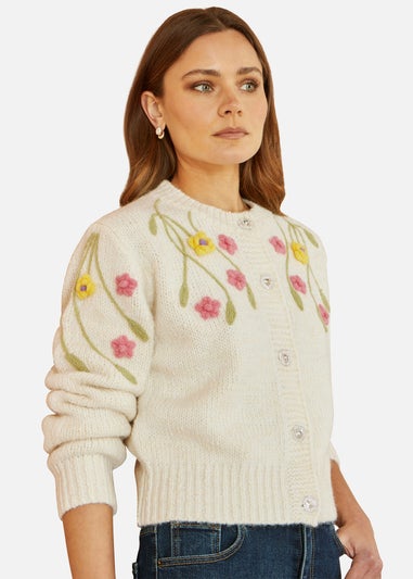 Yumi Beige Flower Embroidered Chunky Knit Cardigan