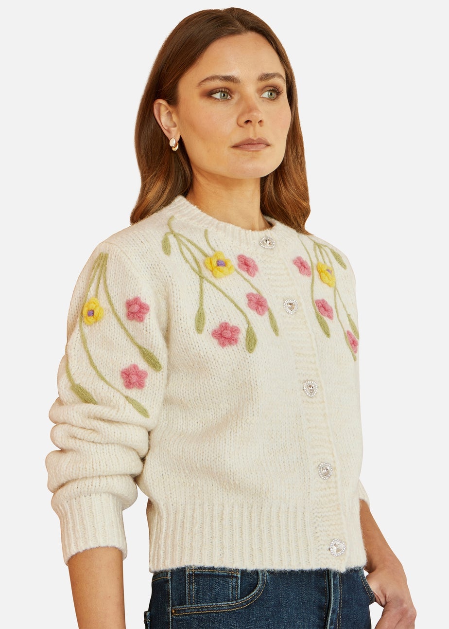 Yumi Beige Flower Embroidered Chunky Knit Cardigan