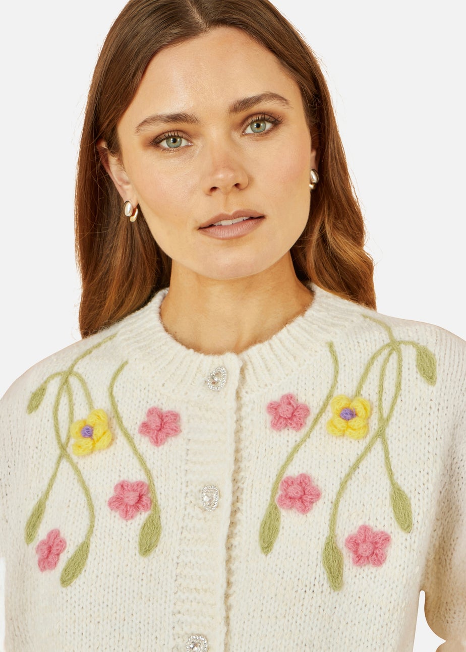 Yumi Beige Flower Embroidered Chunky Knit Cardigan