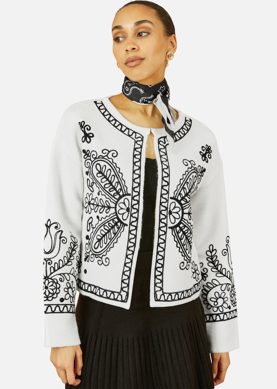 Yumi Ivory Folk Embroidered Edge To Edge Cardigan