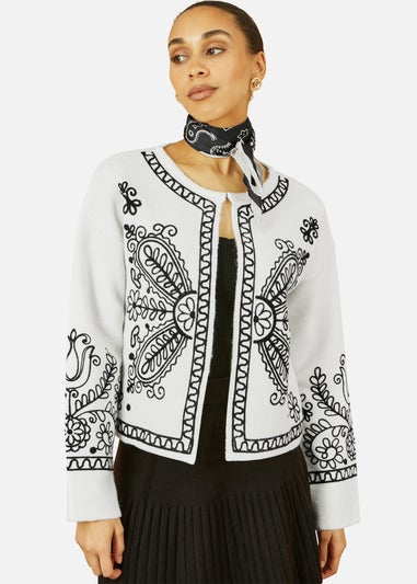 Yumi Ivory Folk Embroidered Edge To Edge Cardigan