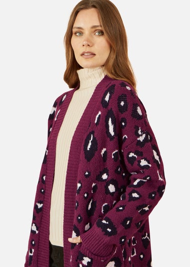 Yumi Burgundy Animal Intarsia Long Cardigan