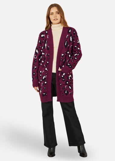 Yumi Burgundy Animal Intarsia Long Cardigan