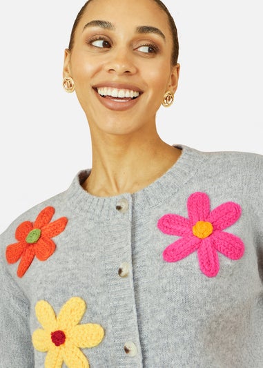 Yumi Grey Knitted Flower Applique Cardigan