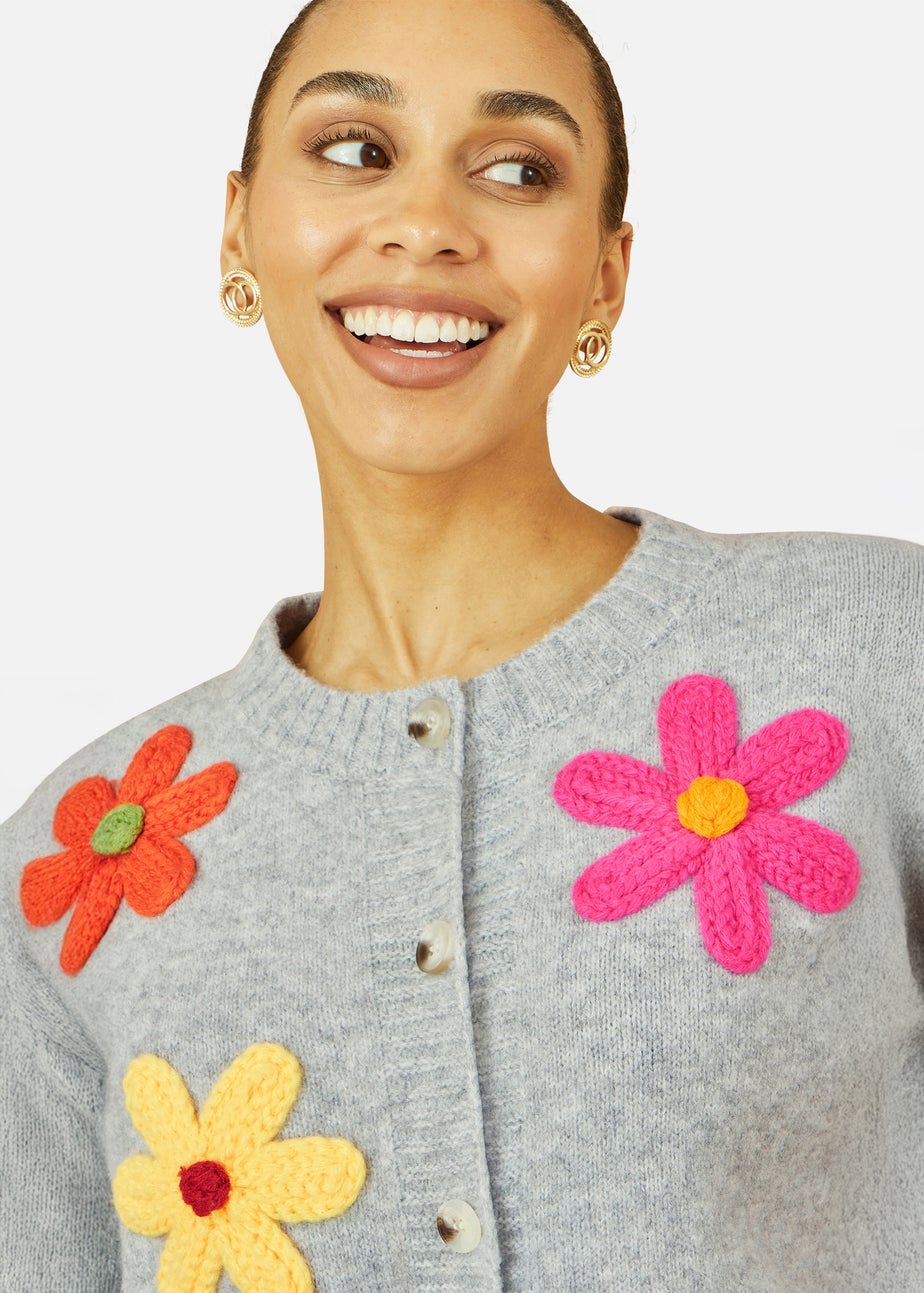 Yumi Grey Knitted Flower Applique Cardigan
