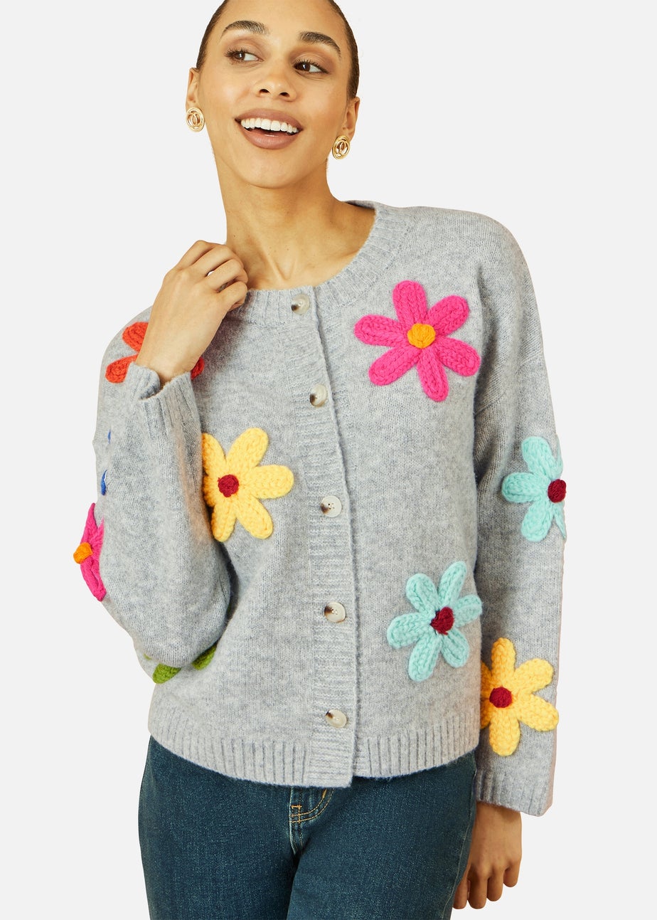 Yumi Grey Knitted Flower Applique Cardigan