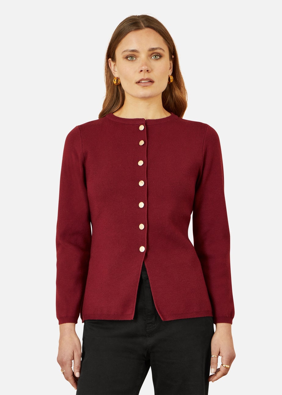 Yumi Burgundy Knitted Fitted Button Down Peplum Cardigan
