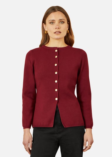 Yumi Burgundy Knitted Fitted Button Down Peplum Cardigan