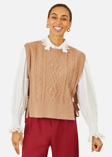 Yumi Camel Flower Cable Knit Tie Side Pullover