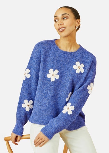 Yumi Blue Relaxed Jumper With Crochet Flowers