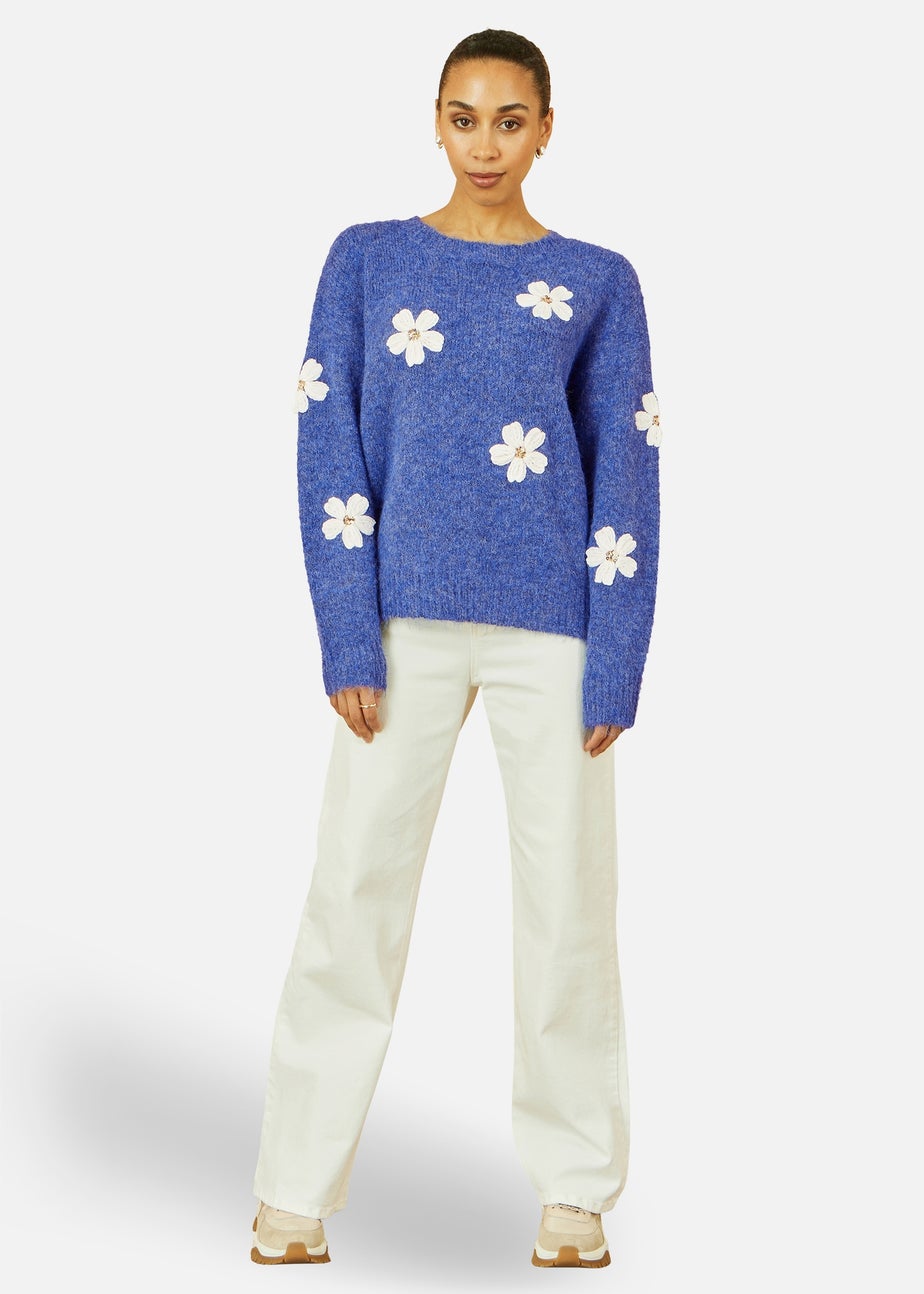 Yumi Blue Relaxed Jumper With Crochet Flowers