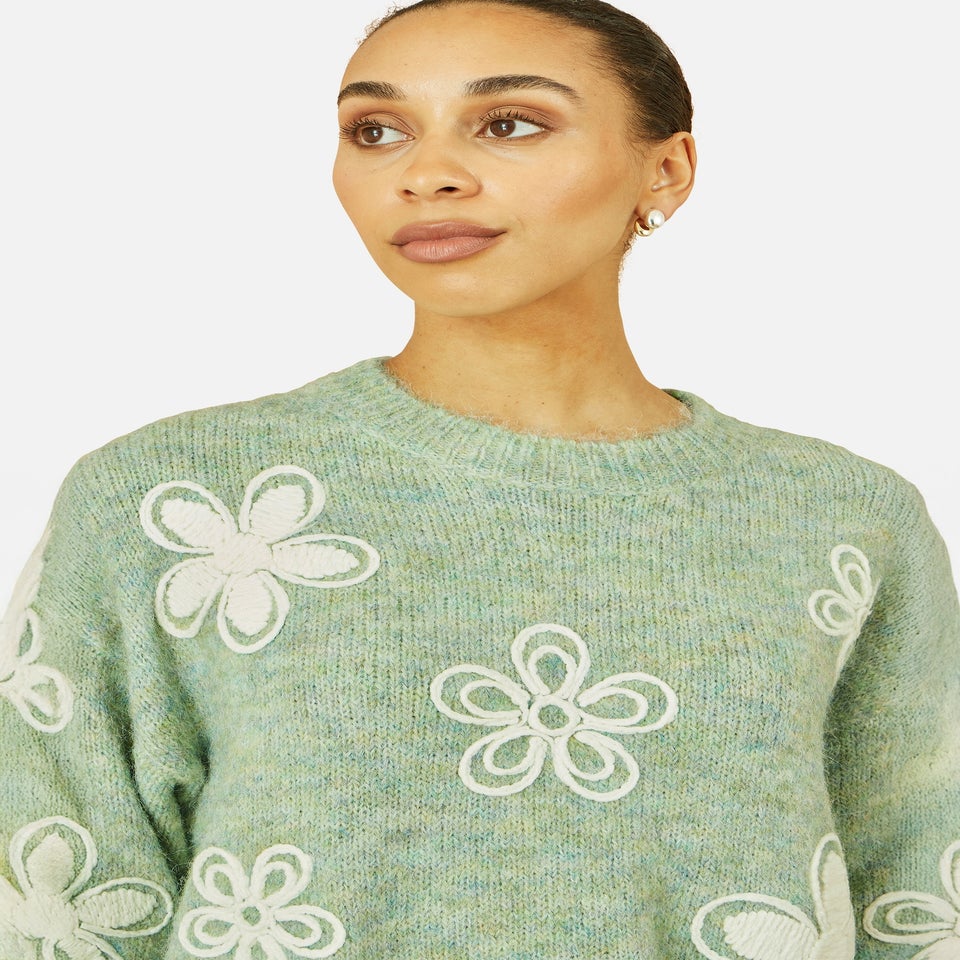 Yumi Green Relaxed Knitted Jumper With Crochet Flowers