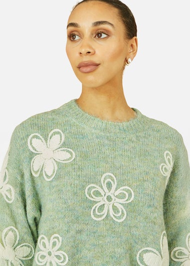 Yumi Green Relaxed Knitted Jumper With Crochet Flowers