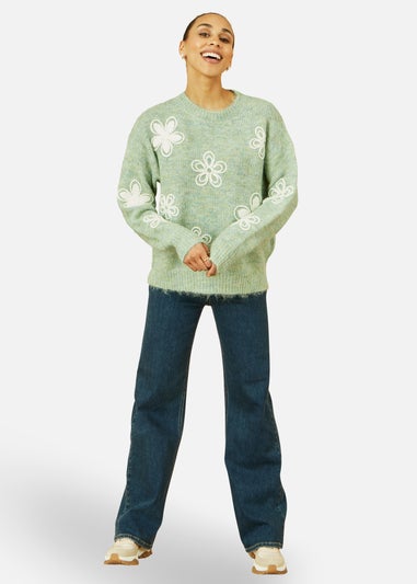 Yumi Green Relaxed Knitted Jumper With Crochet Flowers