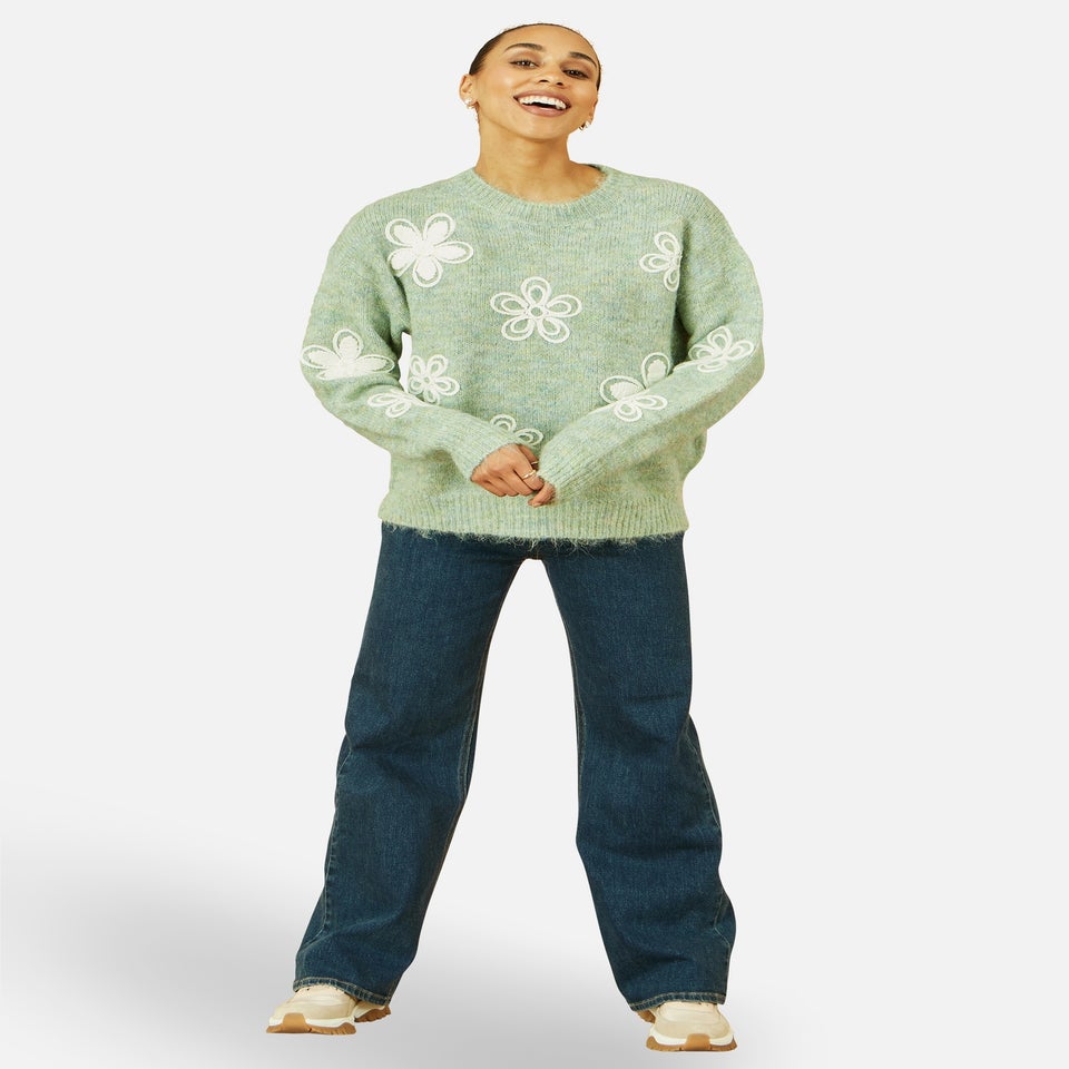 Yumi Green Relaxed Knitted Jumper With Crochet Flowers