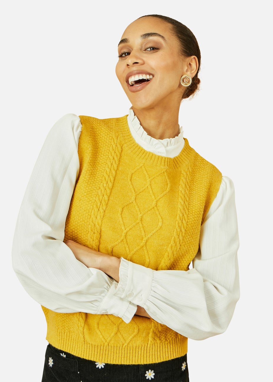 Yumi Mustard Cable Knit Sleeveless Jumper