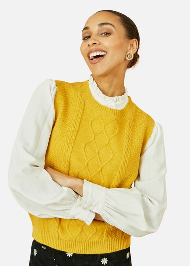Yumi Mustard Cable Knit Sleeveless Jumper