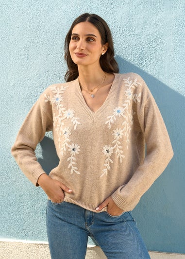 Yumi Oatmeal Floral Embroidered V Neck Relaxed Knitted Jumper