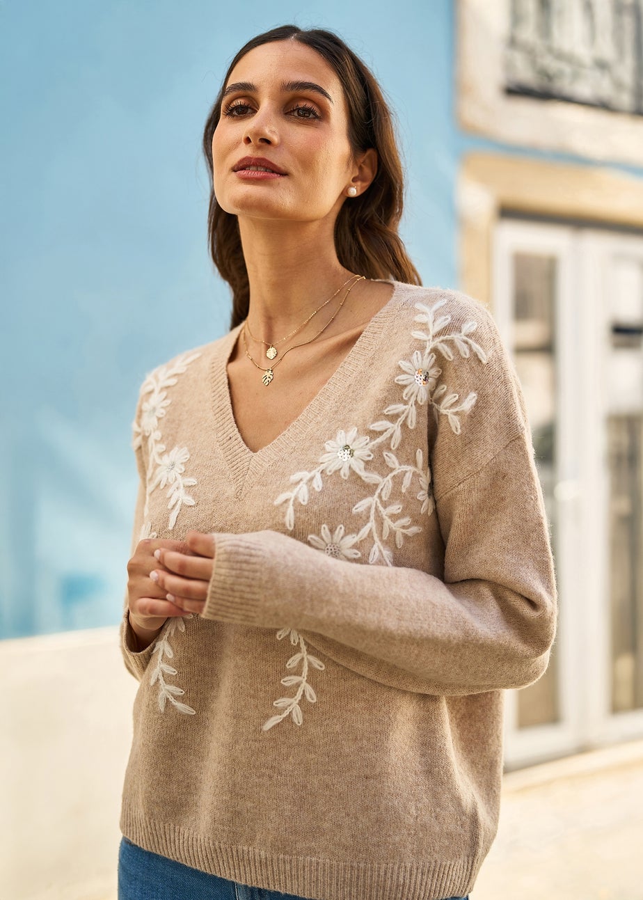 Yumi Oatmeal Floral Embroidered V Neck Relaxed Knitted Jumper
