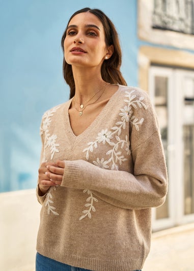 Yumi Oatmeal Floral Embroidered V Neck Relaxed Knitted Jumper