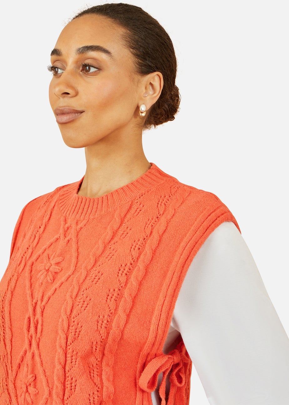 Yumi Orange Flower Cable Knit Tie Side Pullover