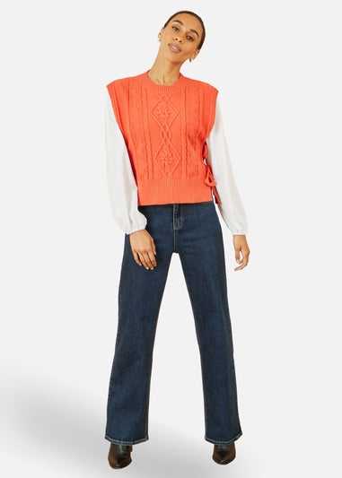 Yumi Orange Flower Cable Knit Tie Side Pullover