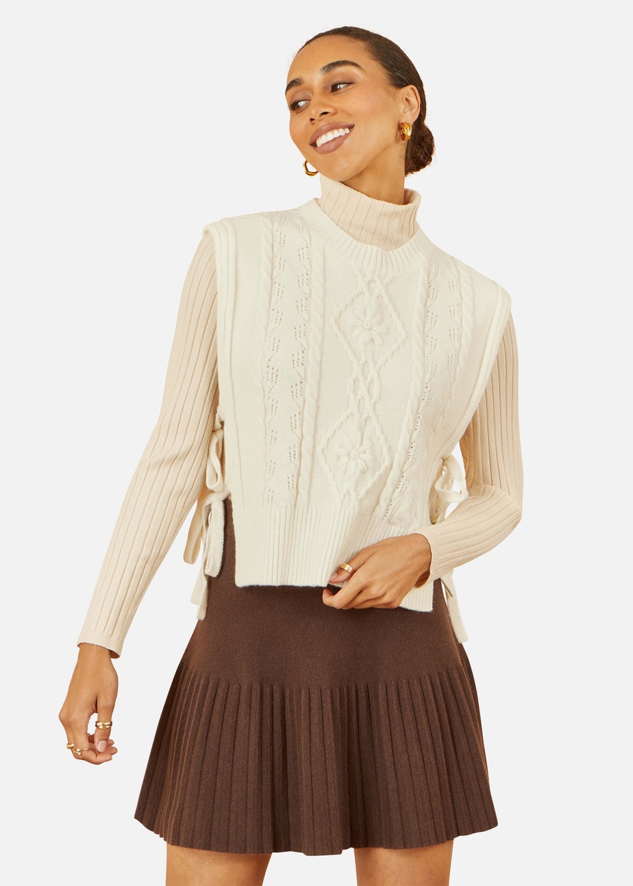 Yumi Ivory Flower Cable Knit Tie Side Pullover