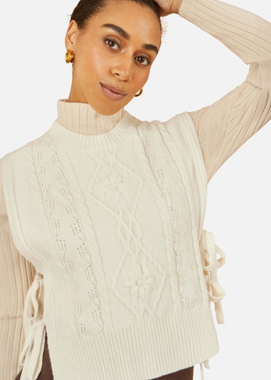 Yumi Ivory Flower Cable Knit Tie Side Pullover