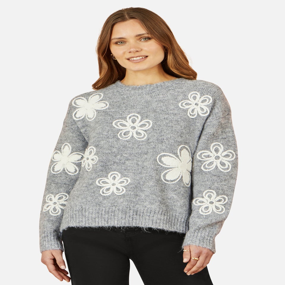 Yumi Grey Relaxed Jumper With Crochet Flowers