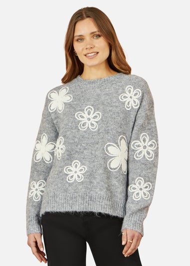 Yumi Grey Relaxed Jumper With Crochet Flowers