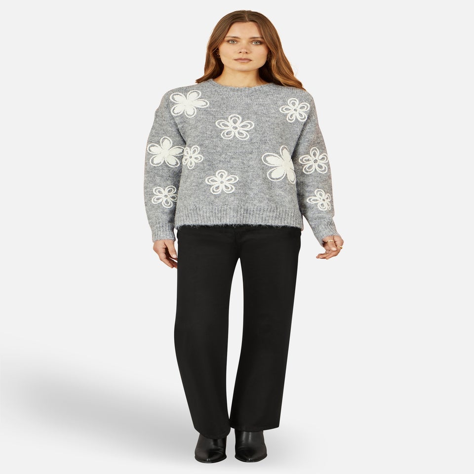 Yumi Grey Relaxed Jumper With Crochet Flowers