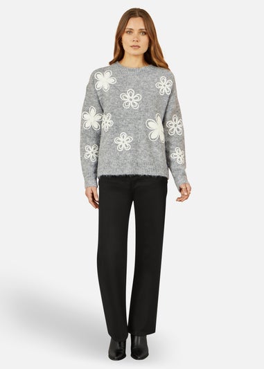 Yumi Grey Relaxed Jumper With Crochet Flowers
