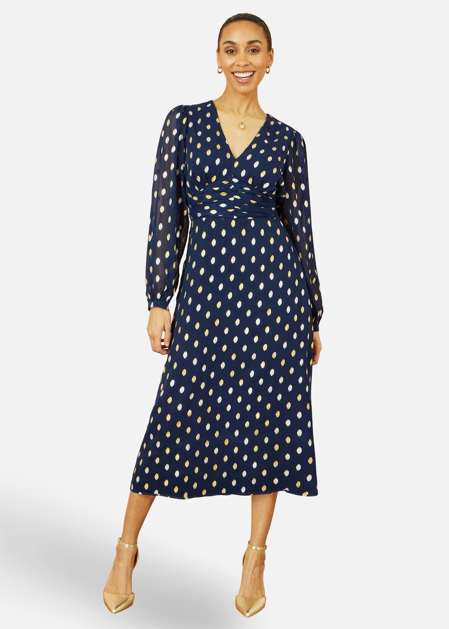 Yumi Navy Foil Print Midi Dress