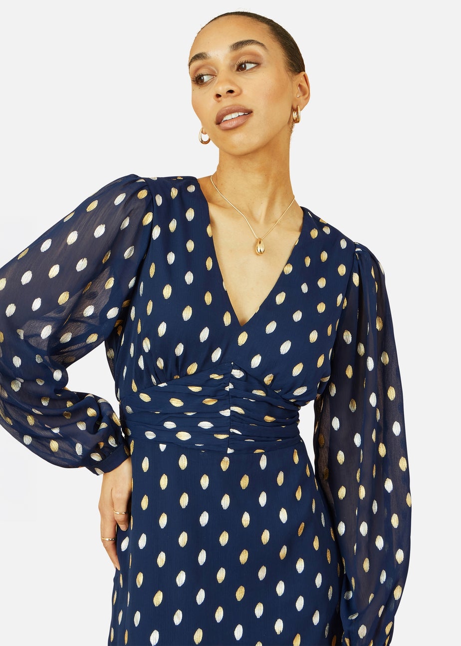 Yumi Navy Foil Print Midi Dress