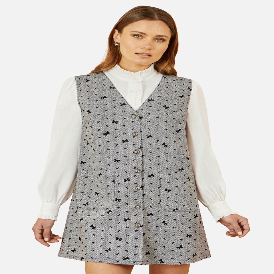 Yumi Grey Bow Print Pinafore Dress With Button Up