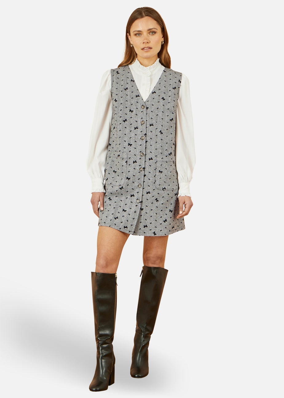 Yumi Grey Bow Print Pinafore Dress With Button Up