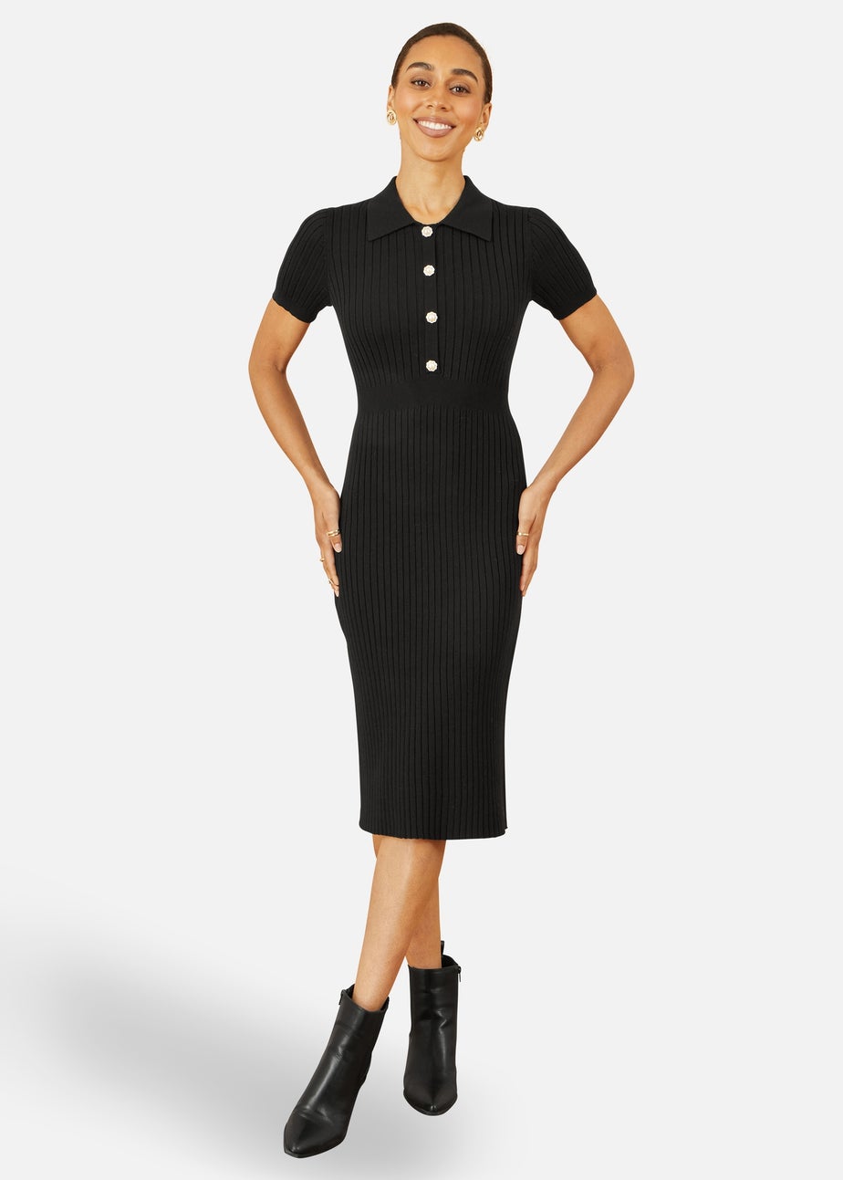 Yumi Black Fitted Rib Knitted Midi Dress With Daisy Buttons
