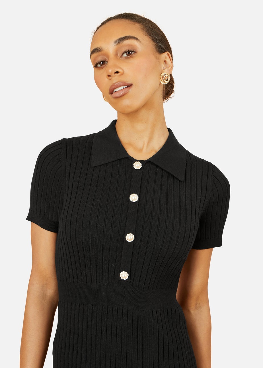Yumi Black Fitted Rib Knitted Midi Dress With Daisy Buttons
