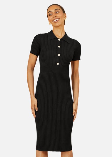 Yumi Black Fitted Rib Knitted Midi Dress With Daisy Buttons