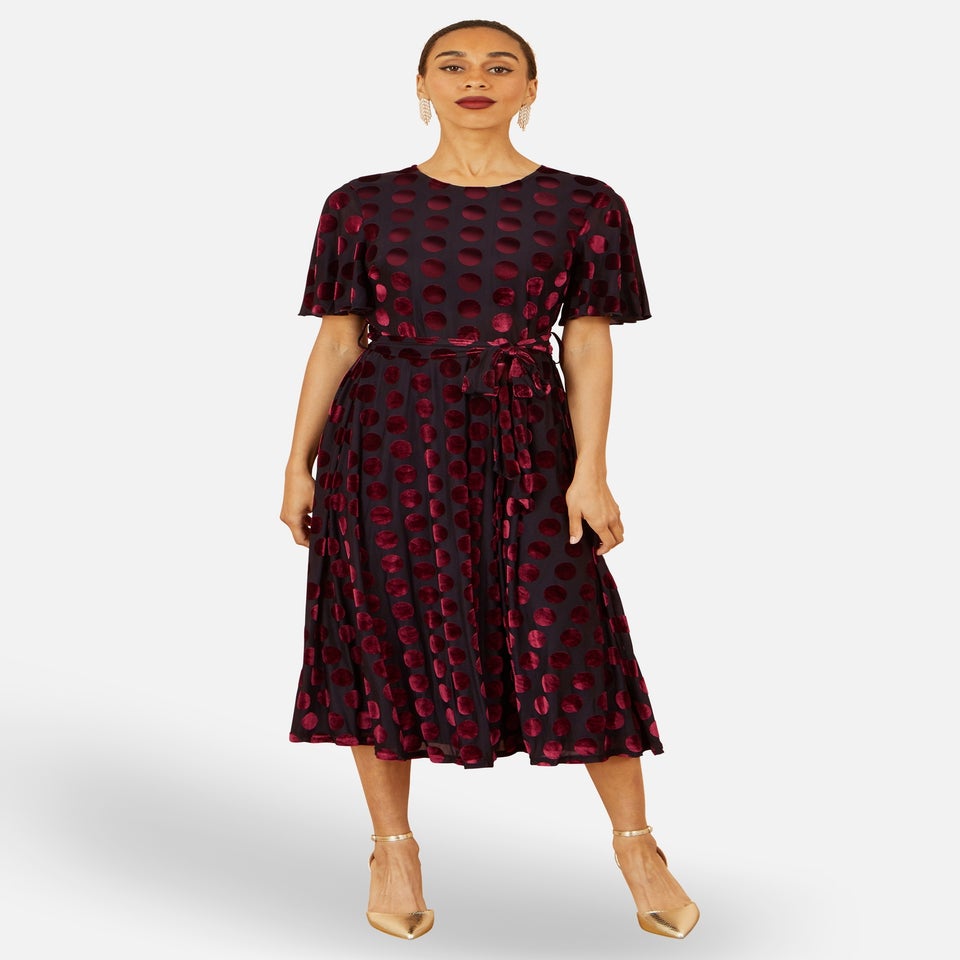 Yumi Burgundy Velour Spot Midi Skater Dress