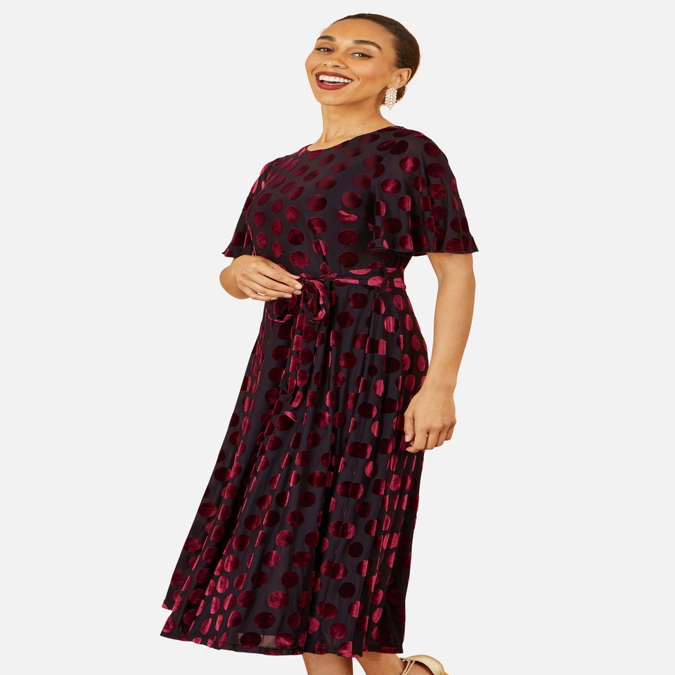 Yumi Burgundy Velour Spot Midi Skater Dress