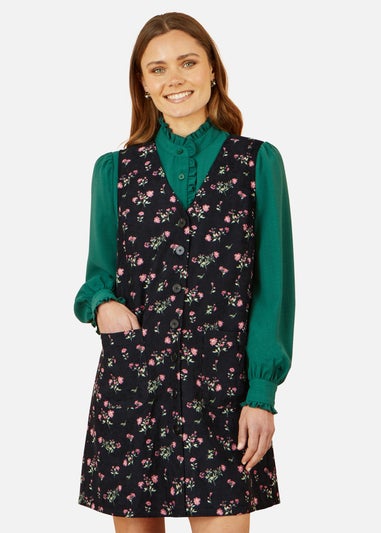 Yumi Black Floral Print Pinafore Dress With Button Up