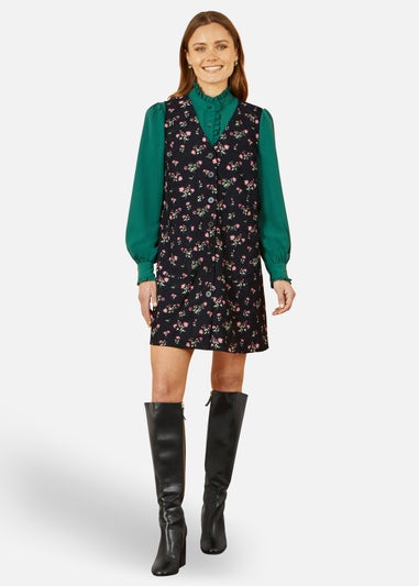 Yumi Black Floral Print Pinafore Dress With Button Up